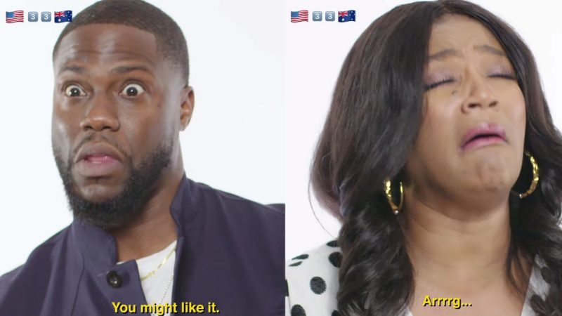 WATCH: Kevin Hart and Tiffany Haddish try Tim-Tams, Vegemite and Burger Rings for the first time