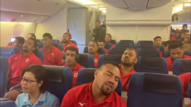 WATCH: Tongan RWC team sing together on the plane to Japan