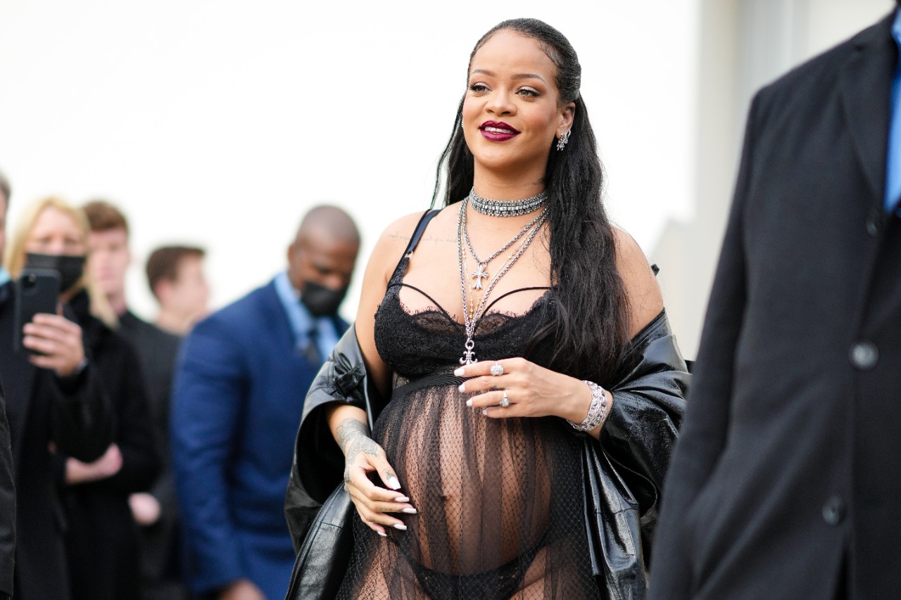 PARIS, FRANCE - MARCH 01: Rihanna is seen outside the Dior show, during Paris Fashion Week - Womenswear F/W 2022-2023, on March 01, 2022 in Paris, France. (Photo by Edward Berthelot/Getty Images)