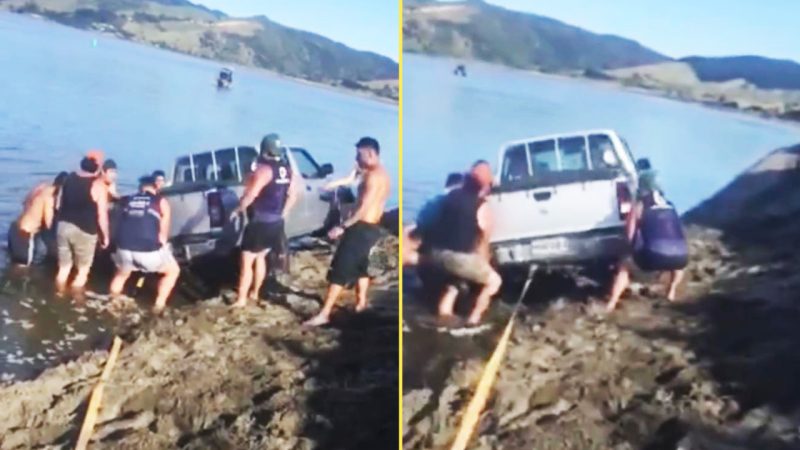 ‘Good mahi brothers’: Bunch of Kiwi bros help a stranger get beached car out of water