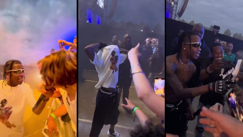  Travis Scott hands over his shirt and shoes to a massive young fan mid-show
