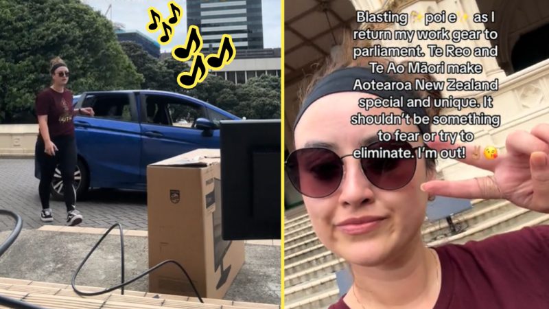 This wāhine toa is going viral for blasting 'Poi E' while returing her work gear to Parliament