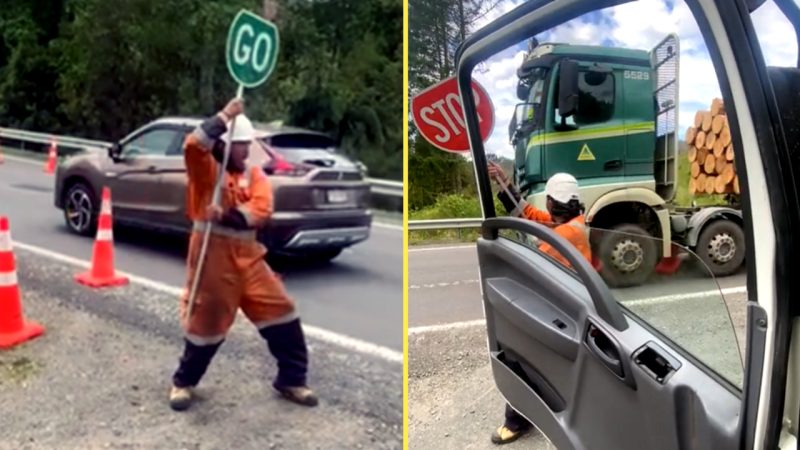 WATCH: Kiwi roadworker goes viral for his crack-up lollipop sign wero during mahi